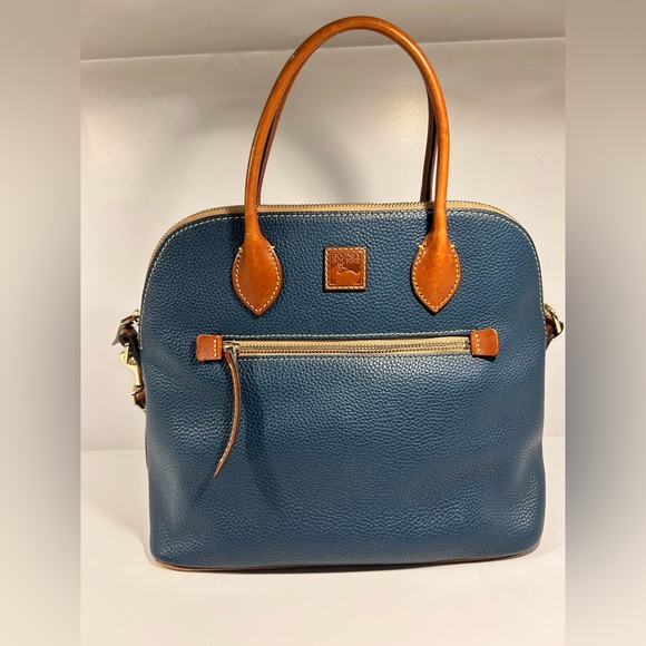 Dooney & Bourke Handbags - Dooney & Bourke Pebble Grain Leather Satchel Navy Blue Tan Trim Crossbody Purse